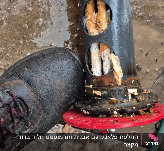 צינור עם חלודה ולכלוך על רצפה רטובה